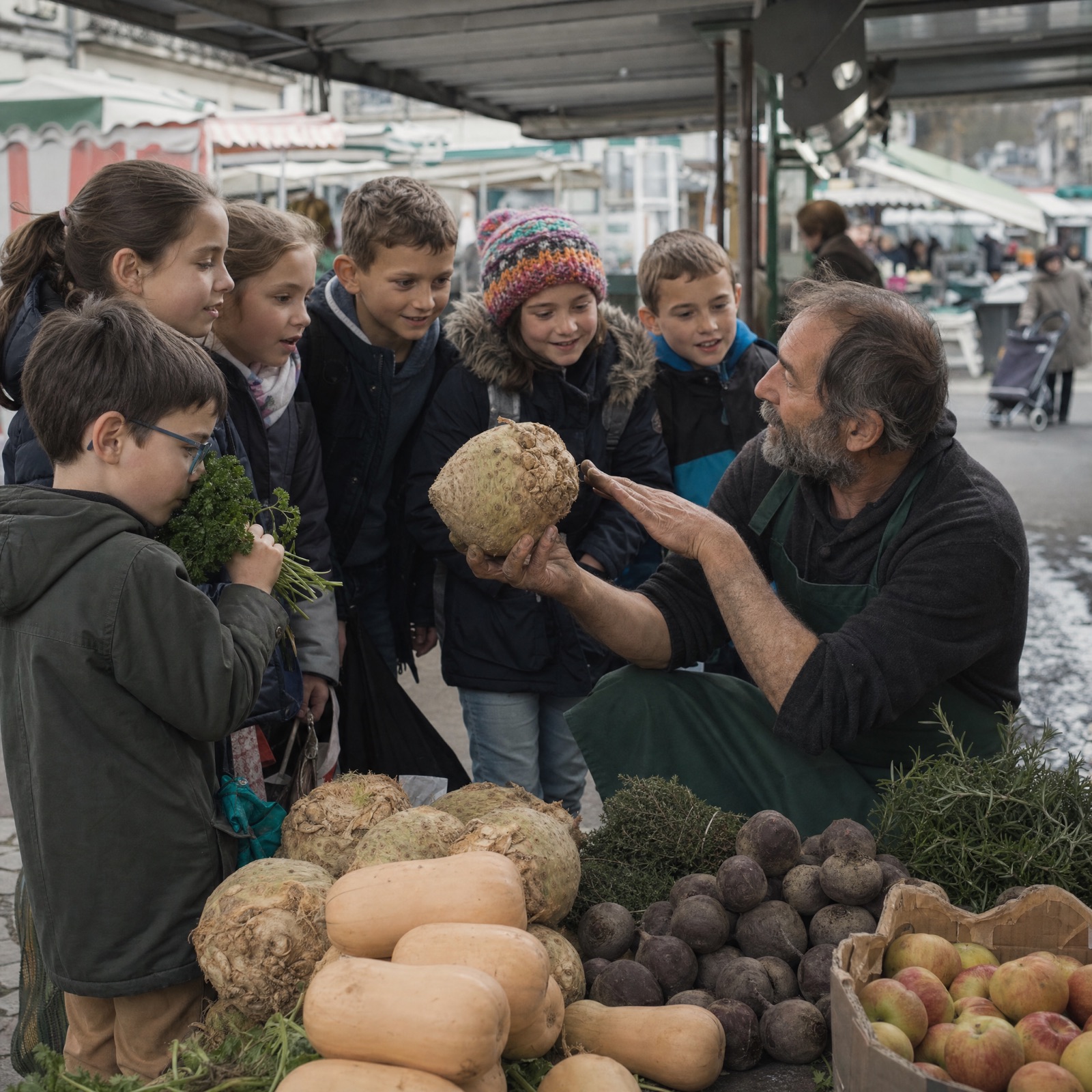 Bénévole présentant des produits de la mer aux enfants